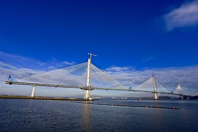 Suspension bridge over calm sea against blue sky