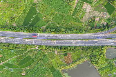 High angle view of road amidst field