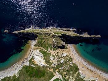 Aerial view of landscape by beach