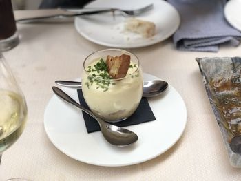 High angle view of dessert in plate on table