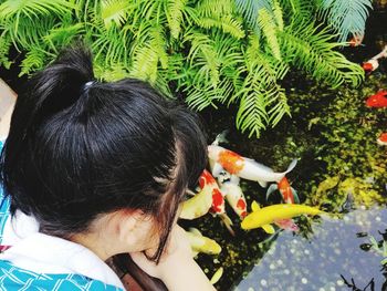 Rear view of woman with plants