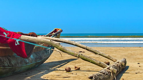 Driftwood on beach against clear blue sky