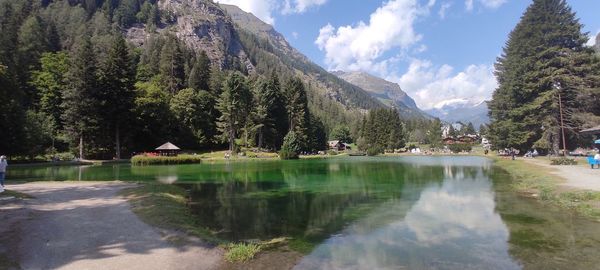 Scenic view of lake by trees against sky