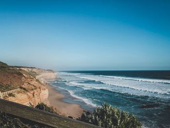 Scenic view of sea against clear blue sky