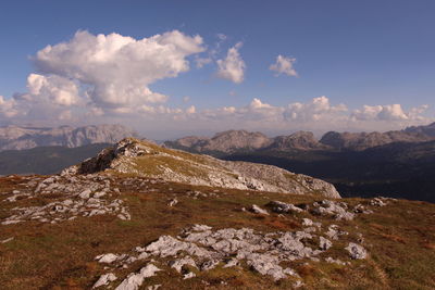 Scenic view of land and mountains against sky