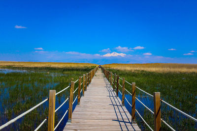 Wooden footbridge on field against sky