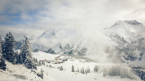 Scenic view of snow covered mountains against sky