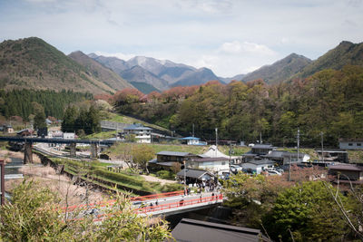 High angle view of train against sky