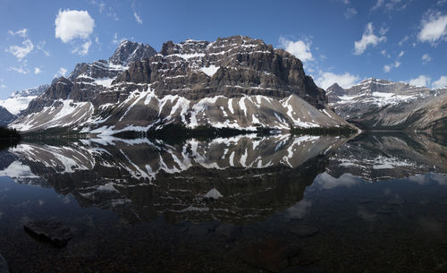 Scenic view of lake by snowcapped mountain against sky