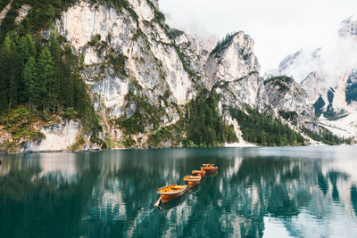 Natural landscapes of the mountain lake braies in the dolomites, italy.