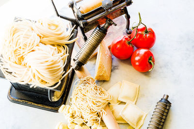 High angle view of vegetables on table