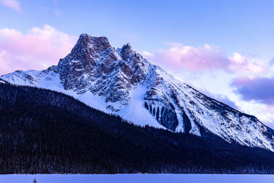 Tilt image of snowcapped mountain against sky during winter