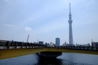 Bridge over river with city in background