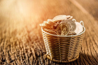 Close-up of coins in basket