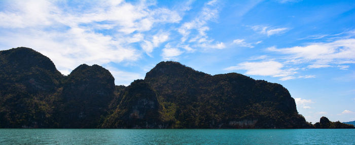 Rock formations by sea against sky