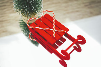 High angle view of christmas decorations on table