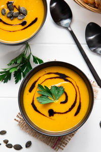 High angle view of soup in plate on table