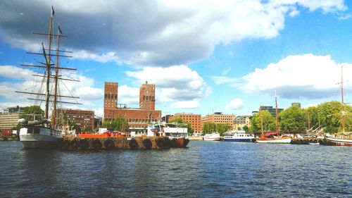 River in city against cloudy sky