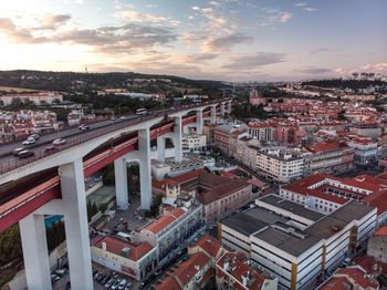 High angle view of townscape against sky during sunset