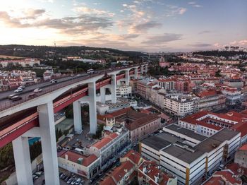 High angle view of townscape against sky during sunset