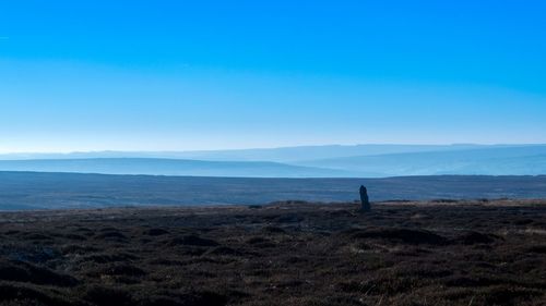 Scenic view of field and sea against blue sky