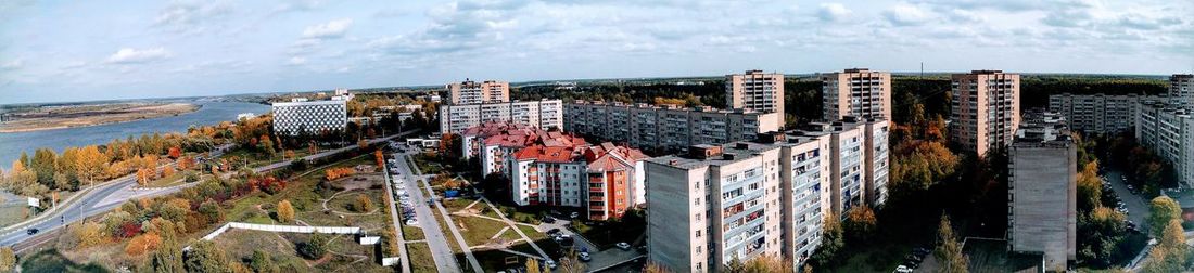 High angle view of buildings against sky