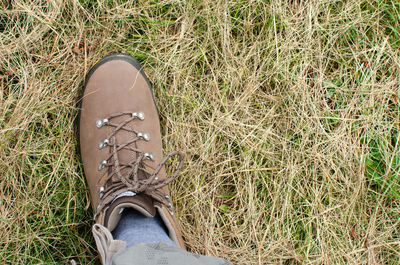 Leg in trekking shoe stepping on mountain field in summertime