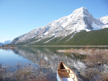 Scenic view of lake and mountains against clear sky