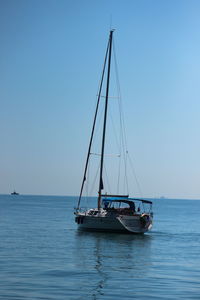 Sailboat sailing on sea against clear sky