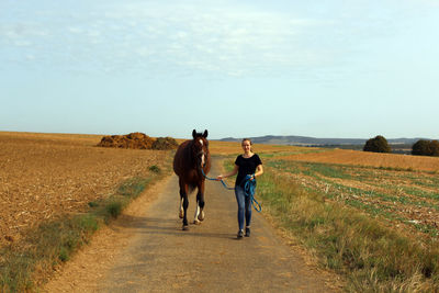 Full length of horse walking on field