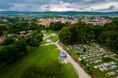 High angle view of trees,cementery and buildings in town moravska trebova