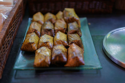 High angle view of meat in plate on table