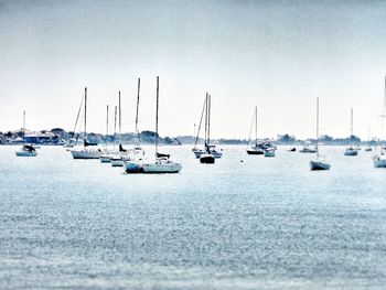 Boats in sea against clear sky