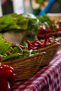 Close-up of fruits in basket on table