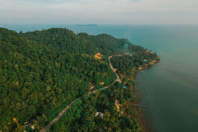 High angle view of trees and sea against sky