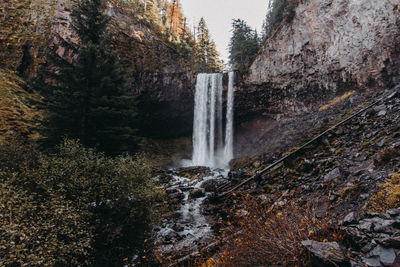 Waterfall in forest against sky