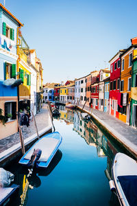 Reflection of buildings in canal against clear sky