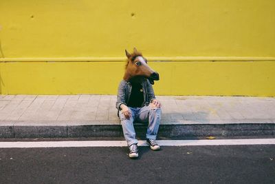 Man wearing horse costume while sitting on sidewalk