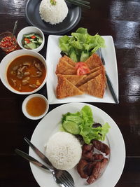 High angle view of food served on table