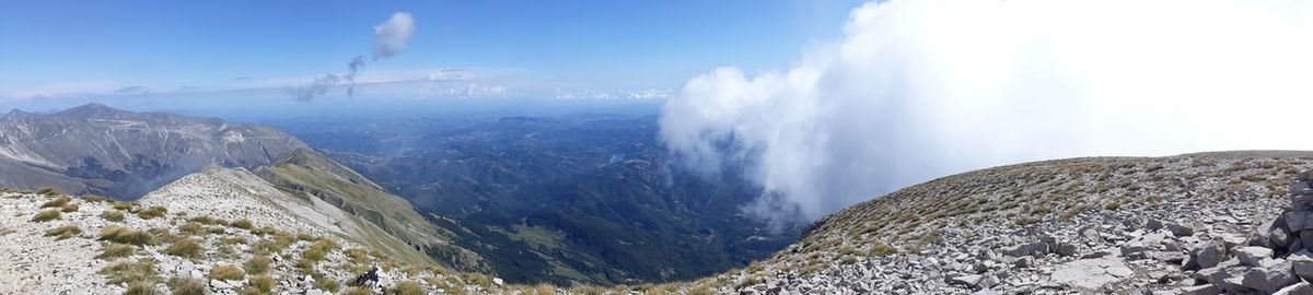 Panoramic view of snowcapped mountains against sky