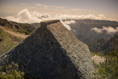 Scenic view of mountains against cloudy sky