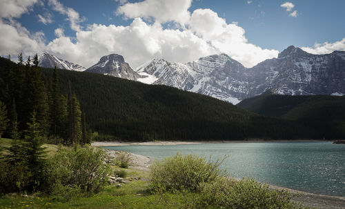 Scenic view of lake and mountains against sky