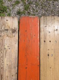 Close-up of weathered wooden fence against wall