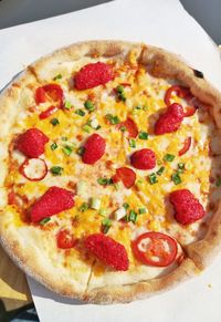 High angle view of pizza on table