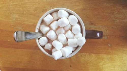 High angle view of food on wooden table