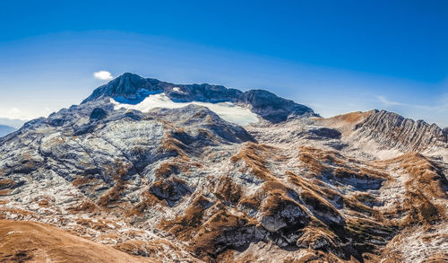 Scenic view of snowcapped mountains against clear blue sky