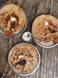 High angle view of breakfast on table