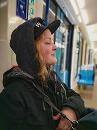 Young woman traveling in train