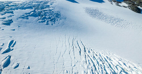 High angle view of snow covered land