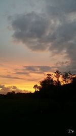 Silhouette trees on field against sky at sunset